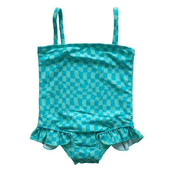 Blue and Green Checkered Little Surfer Girl Swim One-piece