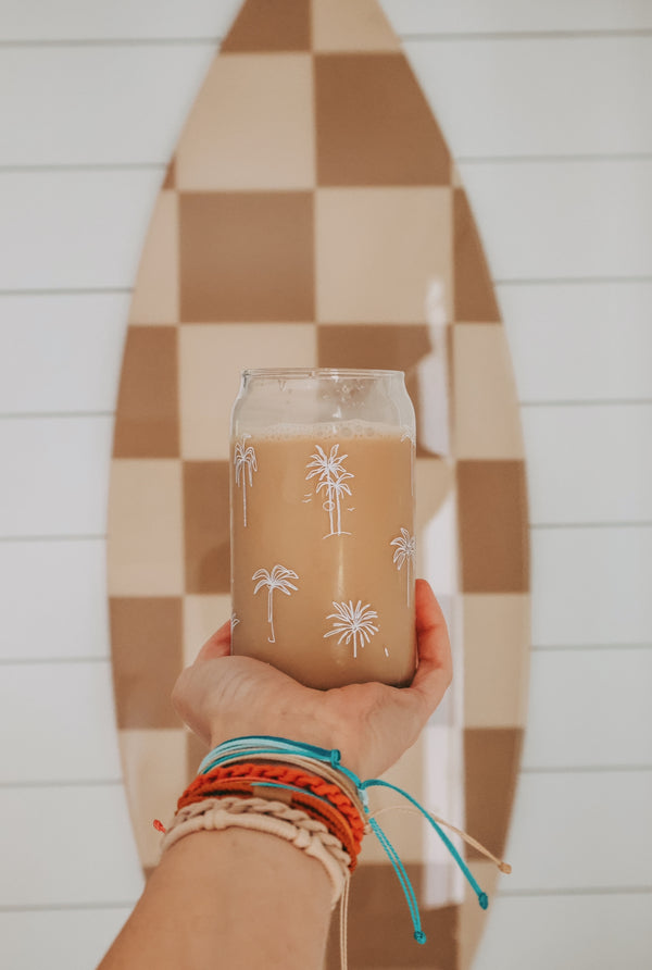Palm Trees Surf Shack Reusable Glass Jar with Bamboo Lid Glass Straw