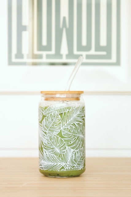 Tropical Surf Shack Reusable Glass Jar with Bamboo Lid Glass Straw