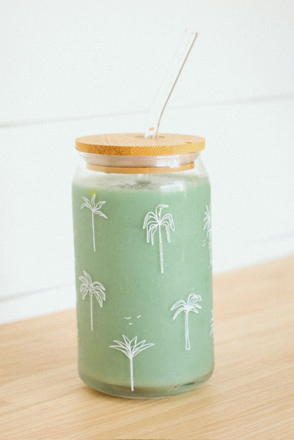 Palm Trees Surf Shack Reusable Glass Jar with Bamboo Lid Glass Straw